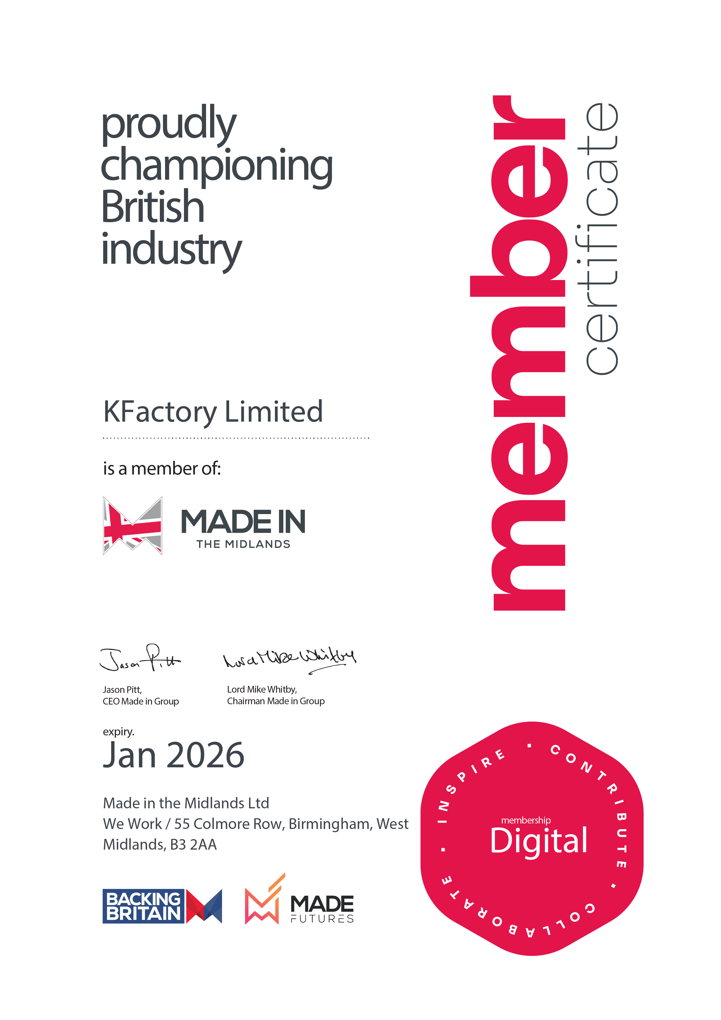 KFactory's official Made in the Midlands membership certificate